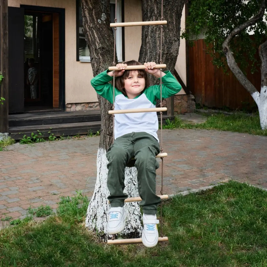 Climbing rope ladder for kids 3-9 y.o. wooden rungs with rope sides, Goodevas single swing on Tampa Home & Garden Store