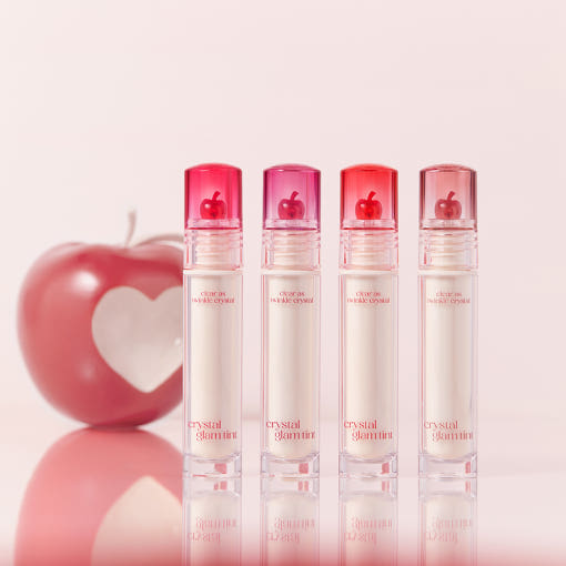 Lip tint quartet CLIO Crystal Glam Tint 3.4g (#13-#28) with red caps, by Seoulia, pink backdrop on Tampa Home & Garden Store
