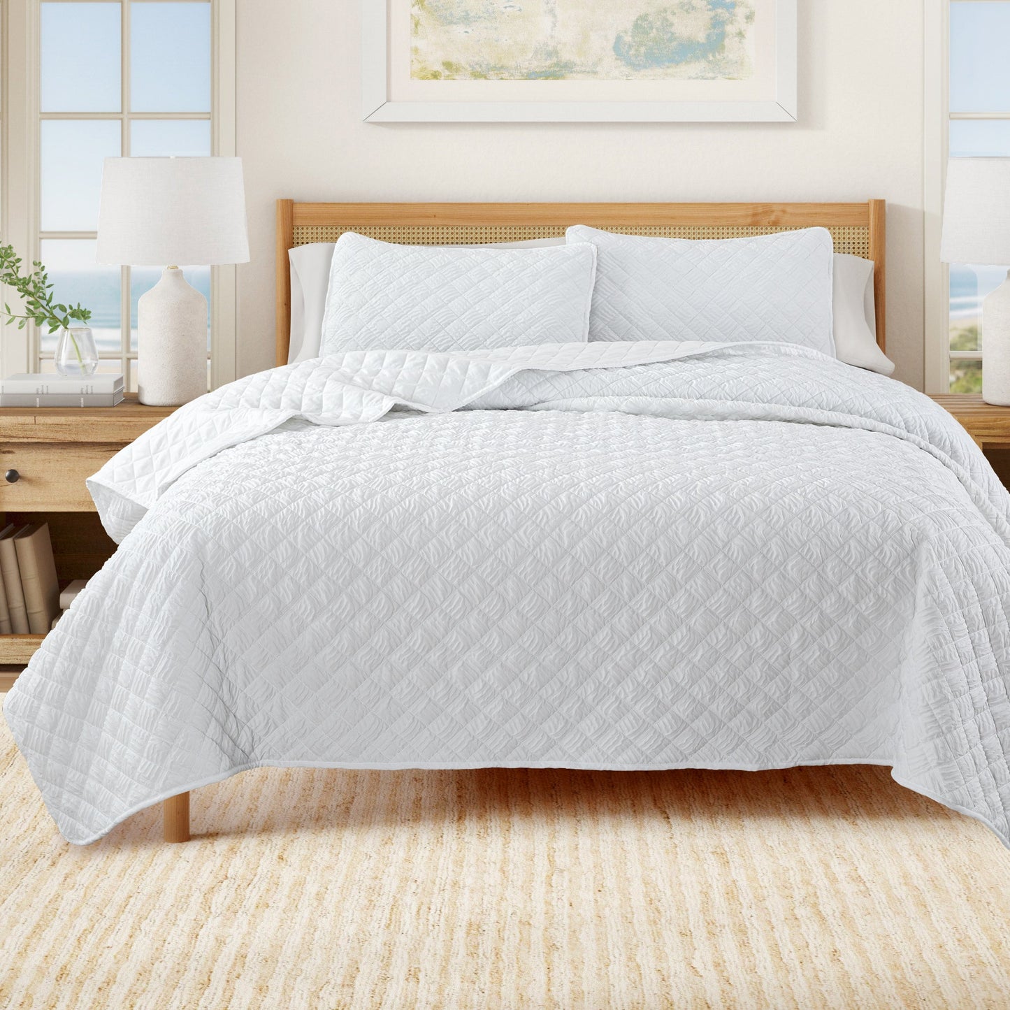 Reversible White Embossed Diamond Quilt Set