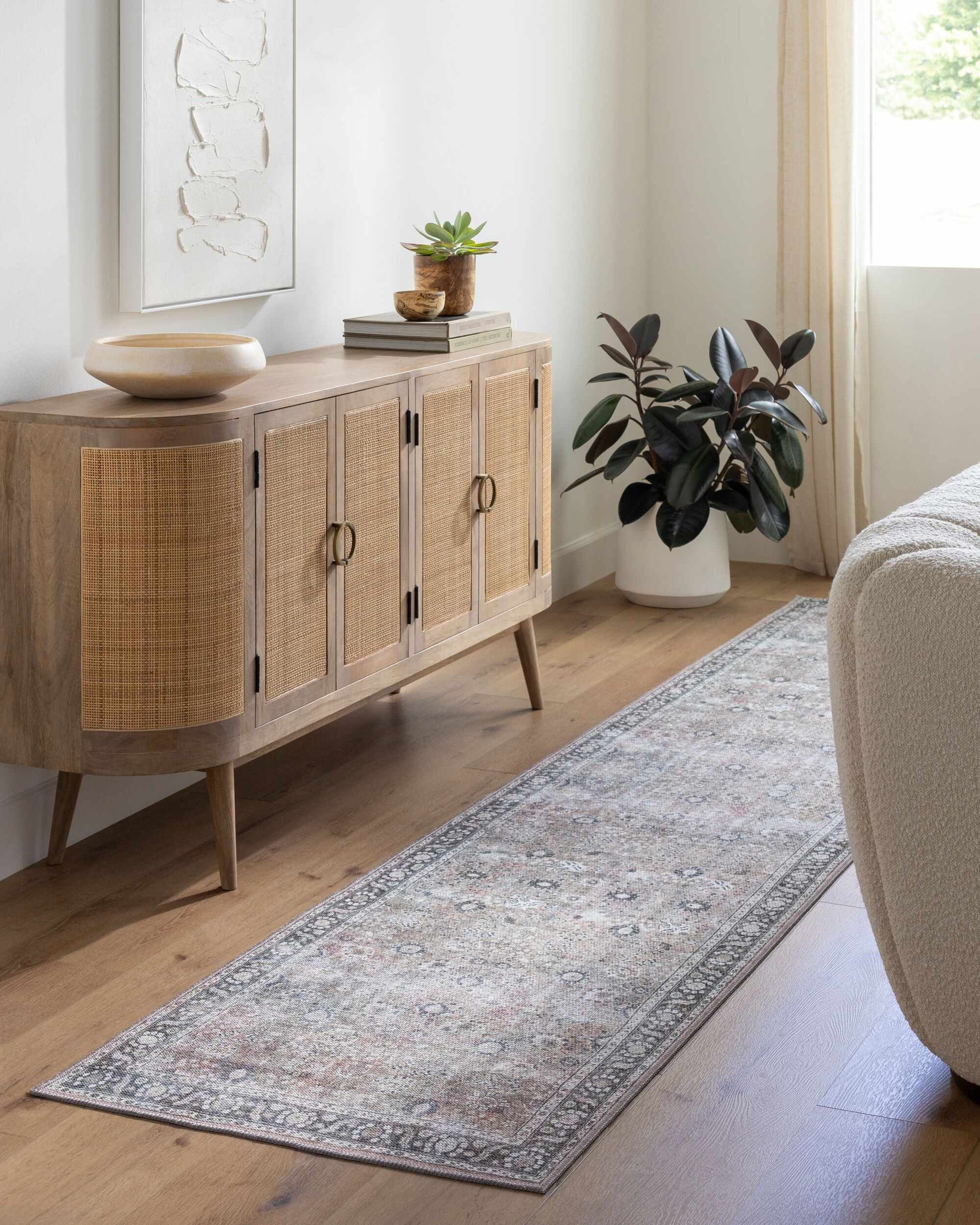 Ganyangan Washable Rug from Boutique Rugs in light gray with ornate border detailing on Tampa Home & Garden Store