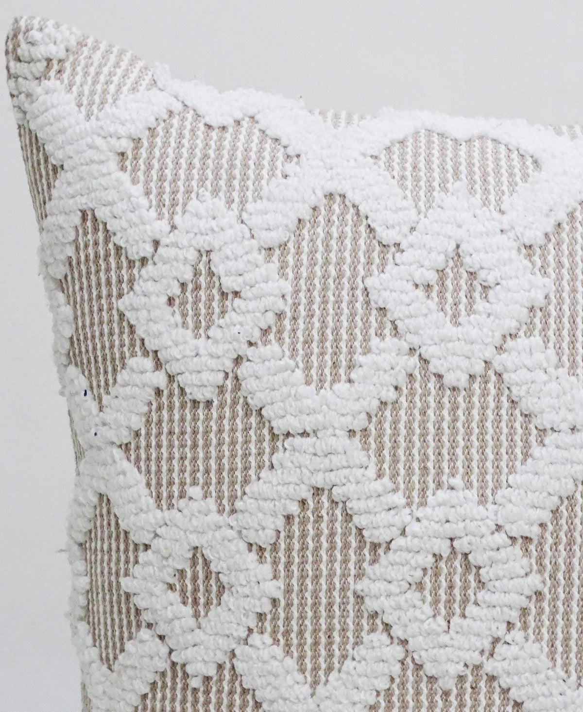 Decorative Beige Accent Throw Pillow 20x20 with white textured pom-pom overlay on Tampa Home & Garden Store