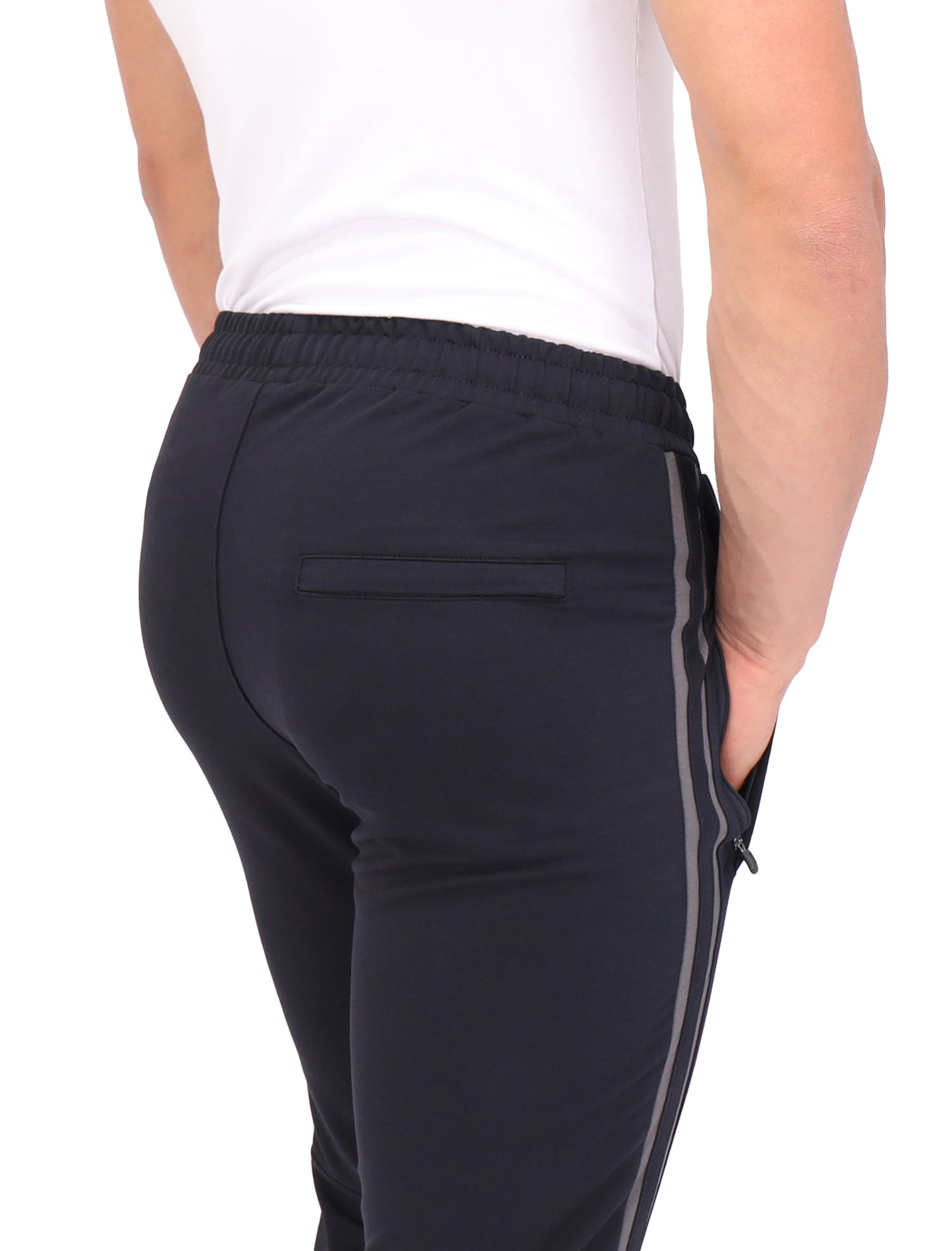 Ultimate Flex Jogger Sweatpants, men's navy with gray side stripe and back pocket on Tampa Home & Garden Store