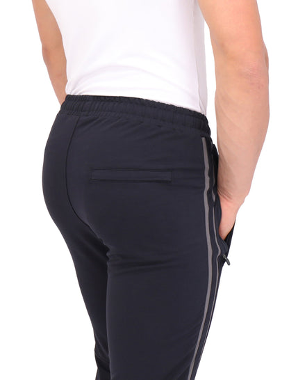 Ultimate Flex Jogger Sweatpants, men's navy with gray side stripe and back pocket on Tampa Home & Garden Store