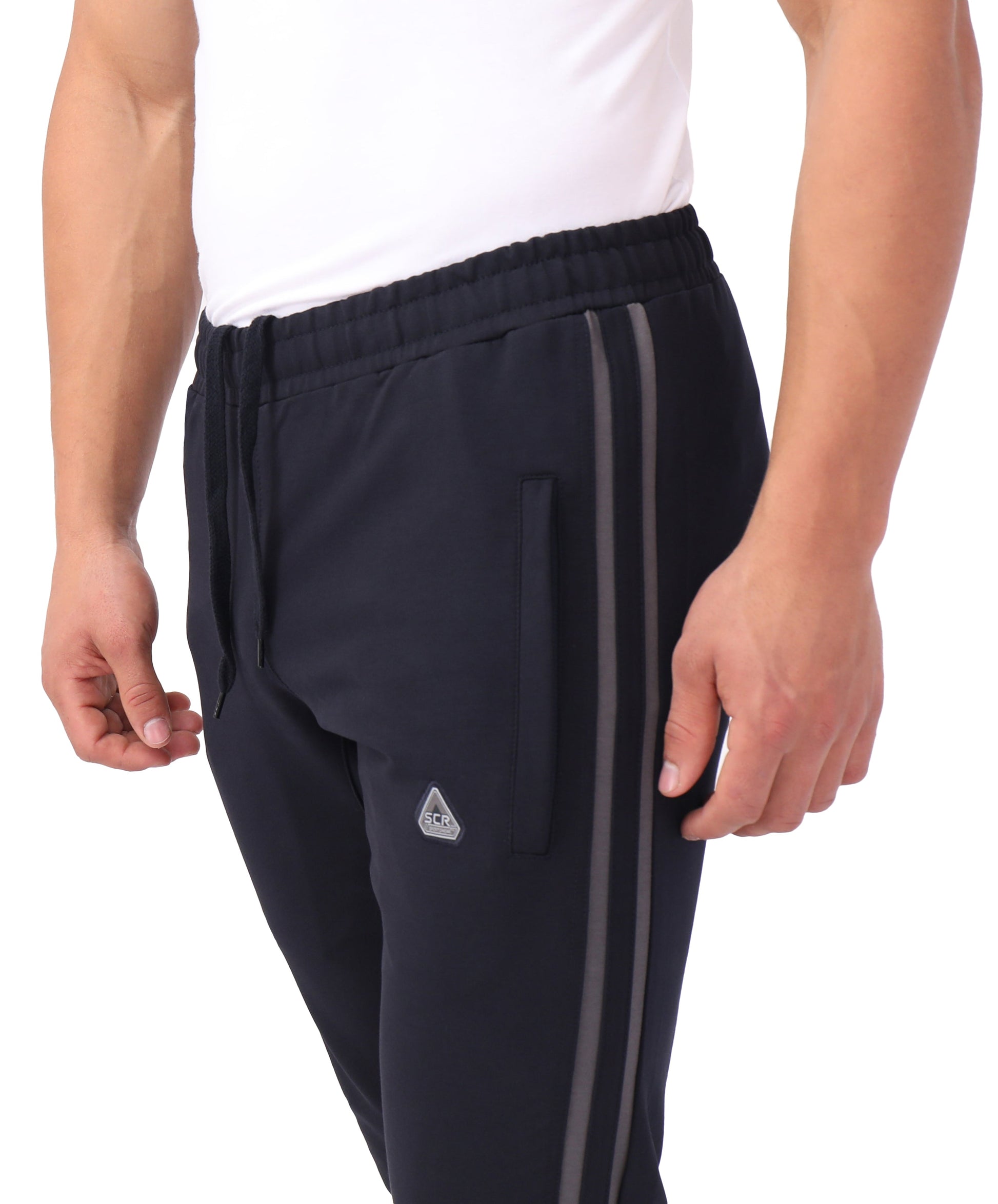 Ultimate Flex Jogger Sweatpants navy with gray side stripe elastic waistband SCR Sportswear men on Tampa Home & Garden Store