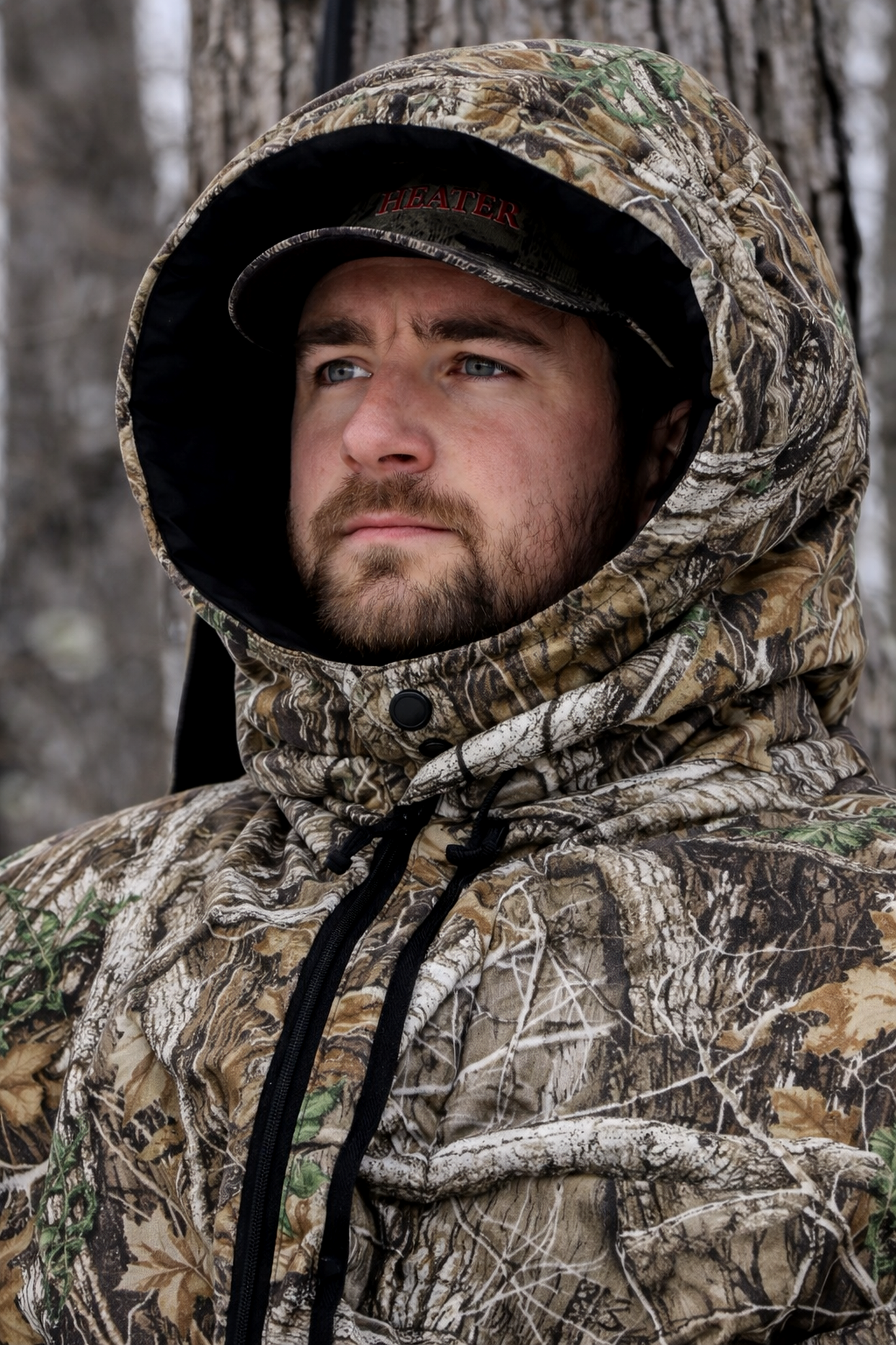 Heater Body Suit AP camouflage hunting jacket by Killz Products with hooded camo exterior on Tampa Home & Garden Store