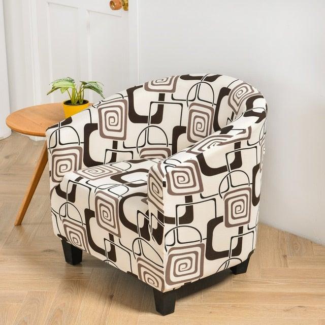 Stevvex club chair slipcover in geometric beige-brown print, spandex elastic armchair cover on Tampa Home & Garden Store