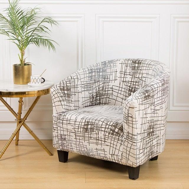 Stevvex geometric print club chair slipcover in cream, elastic spandex armchair cover on Tampa Home & Garden Store