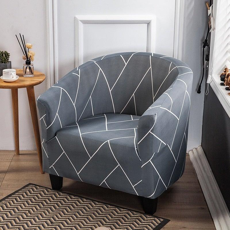 Club chair slipcover in blue geometric print, Stevvex Spandex elastic fabric for living room on Tampa Home & Garden Store