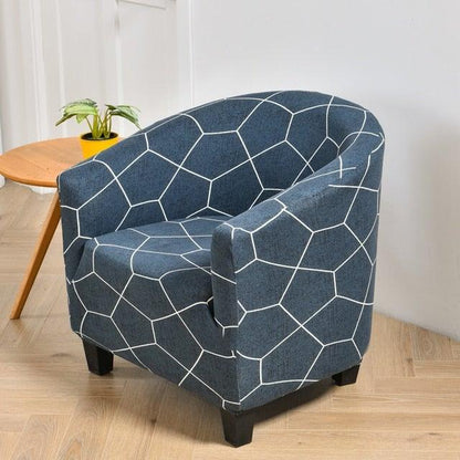 Geometric printed club chair slipcover in blue with white lattice, elastic spandex on Tampa Home & Garden Store