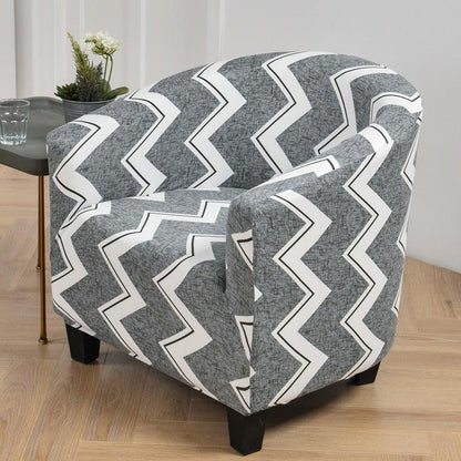 Stevvex club chair slipcover in gray geometric zigzag print with spandex elasticity on Tampa Home & Garden Store