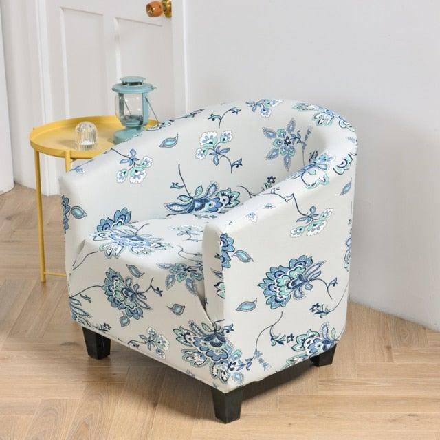Stevvex club chair slipcover in blue floral print, elastic spandex cover for living room on Tampa Home & Garden Store
