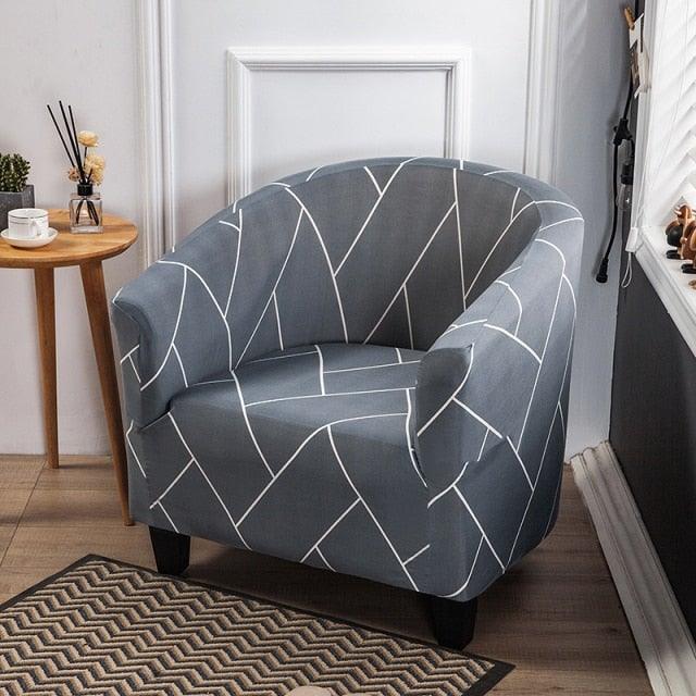 Club chair slipcover in blue-gray spandex with geometric white lines by Stevvex on Tampa Home & Garden Store
