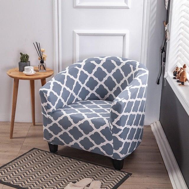 Stevvex blue-gray geometric print club chair slipcover in stretchy spandex fabric on Tampa Home & Garden Store