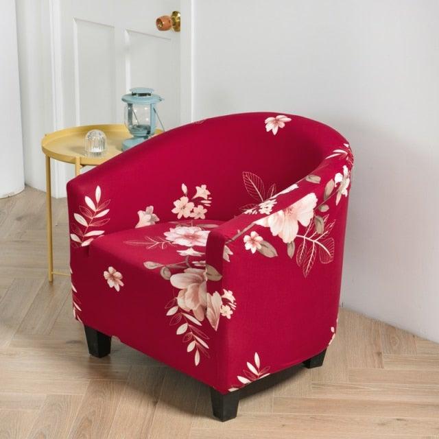 Club chair slipcover red floral print with elastic fit on Tampa Home & Garden Store