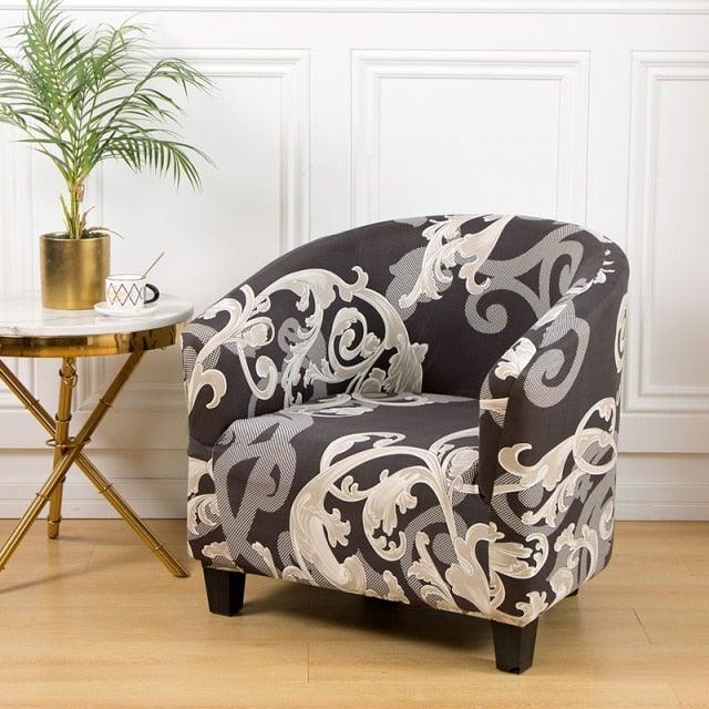 Club chair slipcover in dark geometric scroll print, elastic spandex fit for living room decor on Tampa Home & Garden Store