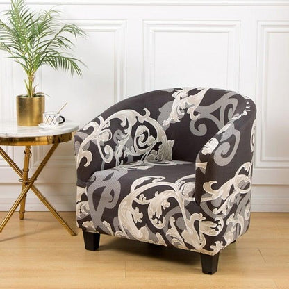 Club chair slipcover in dark geometric scroll print, elastic spandex fit for living room decor on Tampa Home & Garden Store