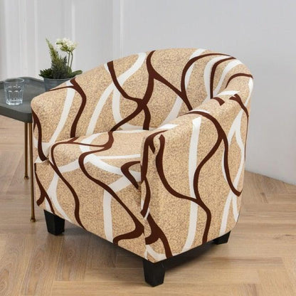 Stevvex club chair slipcover geometric tan and beige with brown lines, elastic spandex fit on Tampa Home & Garden Store