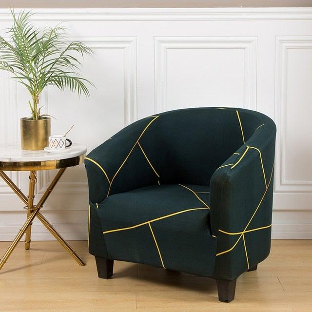 Stevvex club chair slipcover in dark teal with yellow geometric lines on Tampa Home & Garden Store
