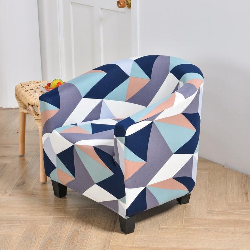 Stevvex geometric club chair slipcover in navy, teal and peach; elastic spandex armchair cover on Tampa Home & Garden Store