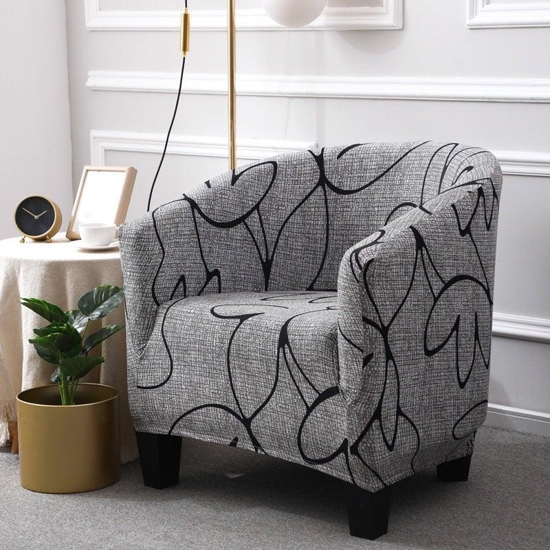 Club chair slipcover Geometric gray fabric with black lines Stevvex elastic armchair cover on Tampa Home & Garden Store