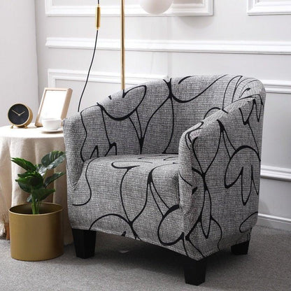 Club chair slipcover Geometric gray fabric with black lines Stevvex elastic armchair cover on Tampa Home & Garden Store