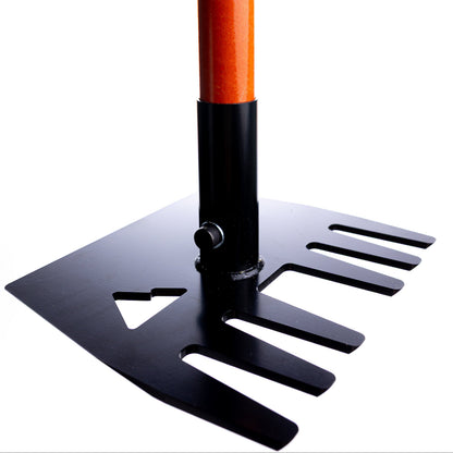 Clyde orange rake handle mounted to black metal base with slotted plate by Backslope Tools on Tampa Home & Garden Store