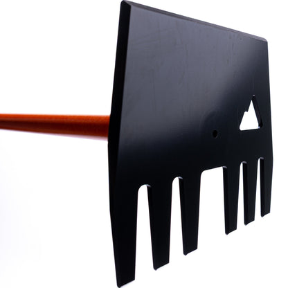 Clyde rake head by Backslope Tools, black metal head with orange shaft and multiple tines on Tampa Home & Garden Store