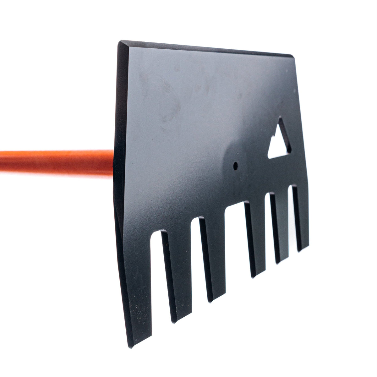 Clyde Pro rake head in black metal with orange wooden handle visible on Tampa Home & Garden Store