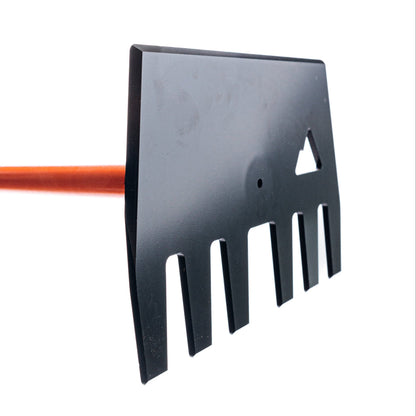 Clyde Pro rake head in black metal with orange wooden handle visible on Tampa Home & Garden Store