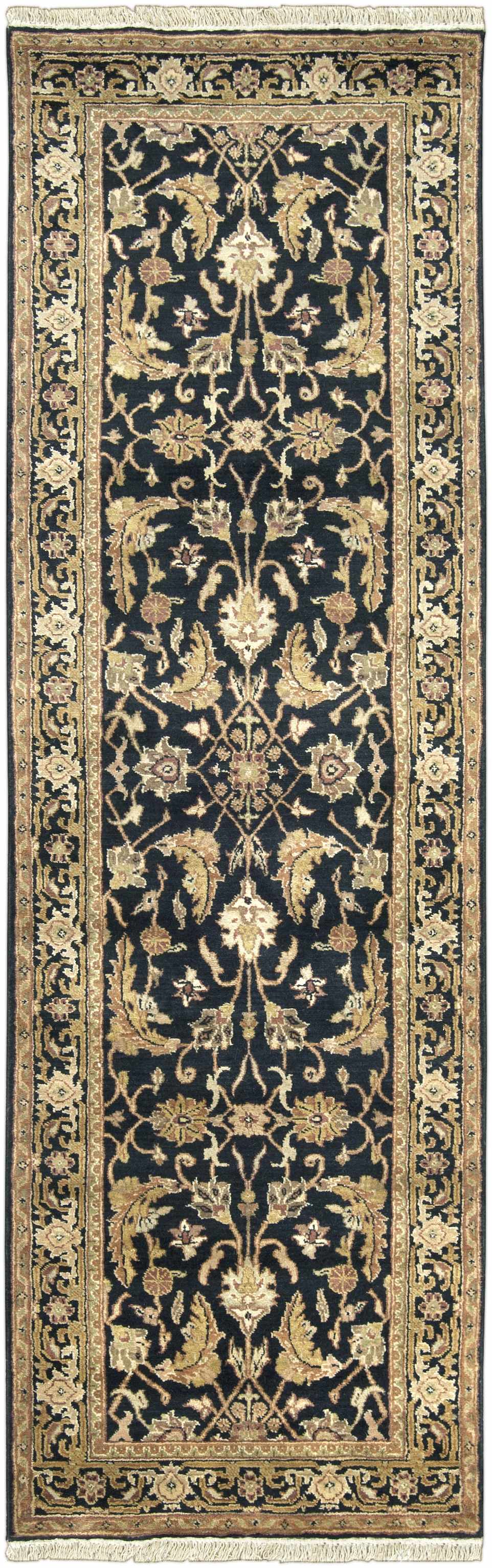 Black & Gold Premium Wool Rug by Boutique Rugs, ornate floral design with fringe on Tampa Home & Garden Store