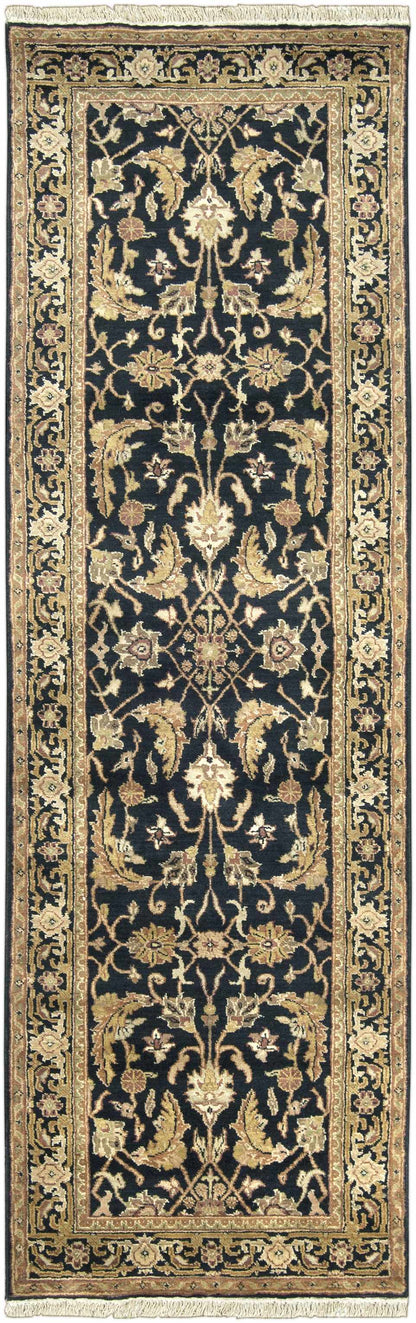 Black & Gold Premium Wool Rug by Boutique Rugs, ornate floral design with fringe on Tampa Home & Garden Store