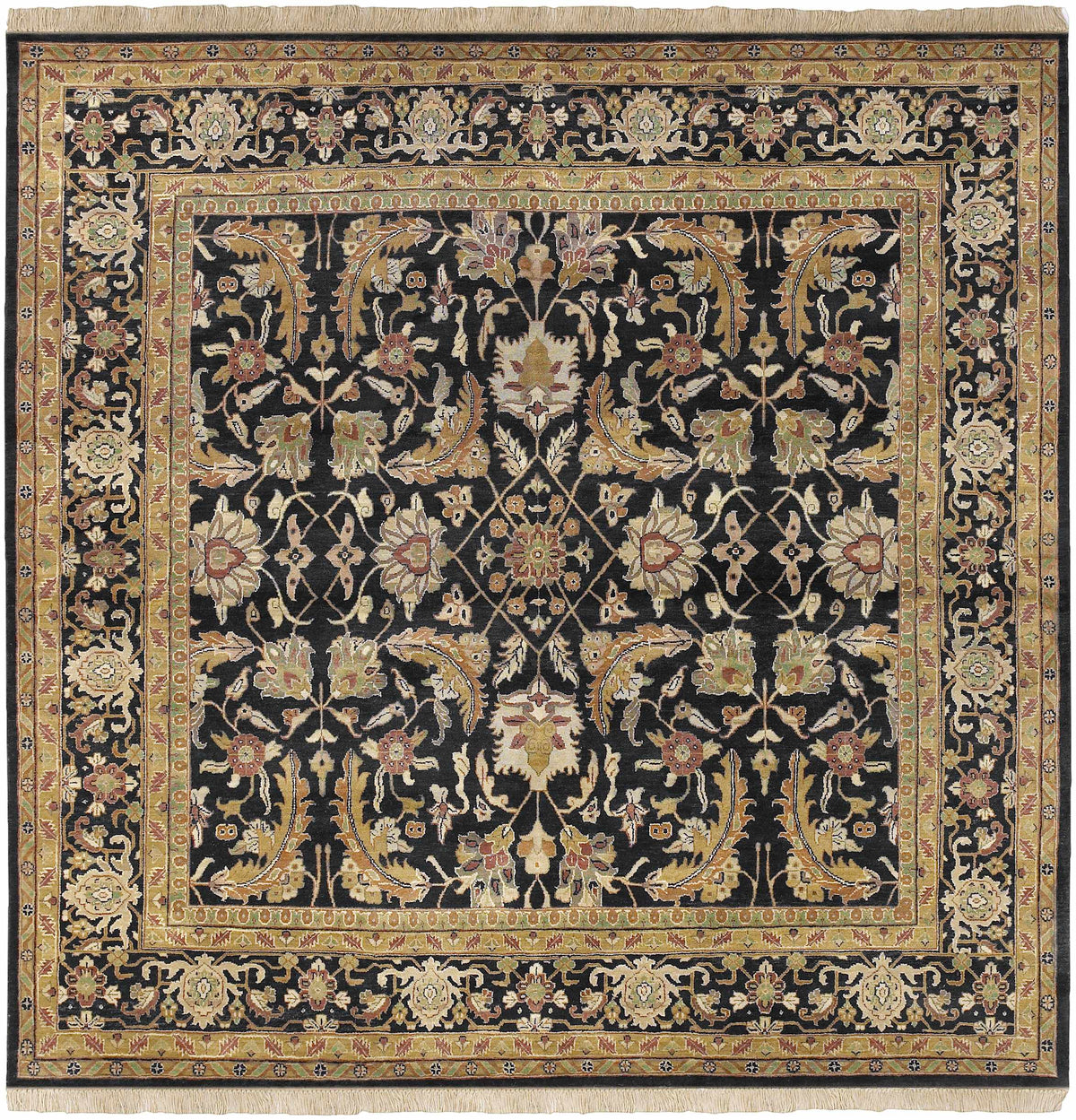 Black & Gold Premium Wool Rug by Boutique Rugs with ornate floral border on black field on Tampa Home & Garden Store