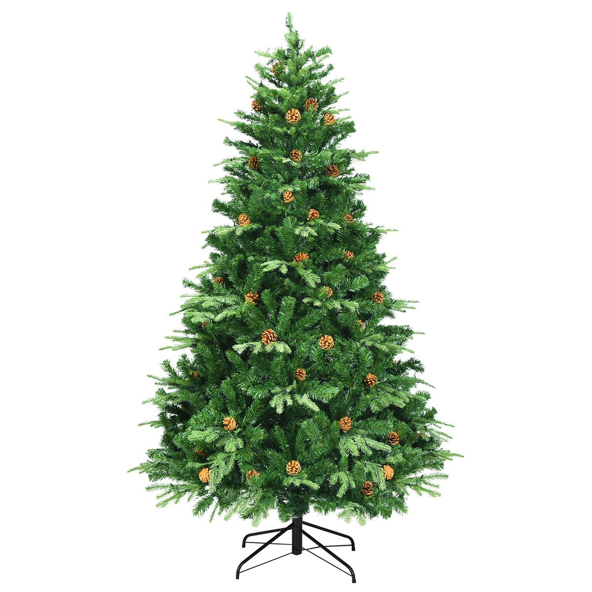 DirectDeals 7.5 ft artificial Christmas tree with pine cones and lush green needles on a black stand on Tampa Home & Garden Store