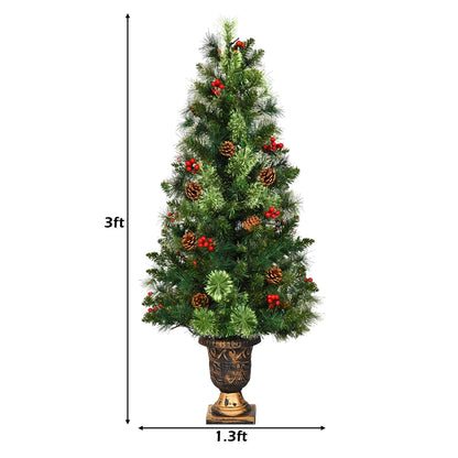 LED Christmas Tree with Red Berries Pine Cones, 3ft tall artificial tree in ornate urn planter on Tampa Home & Garden Store