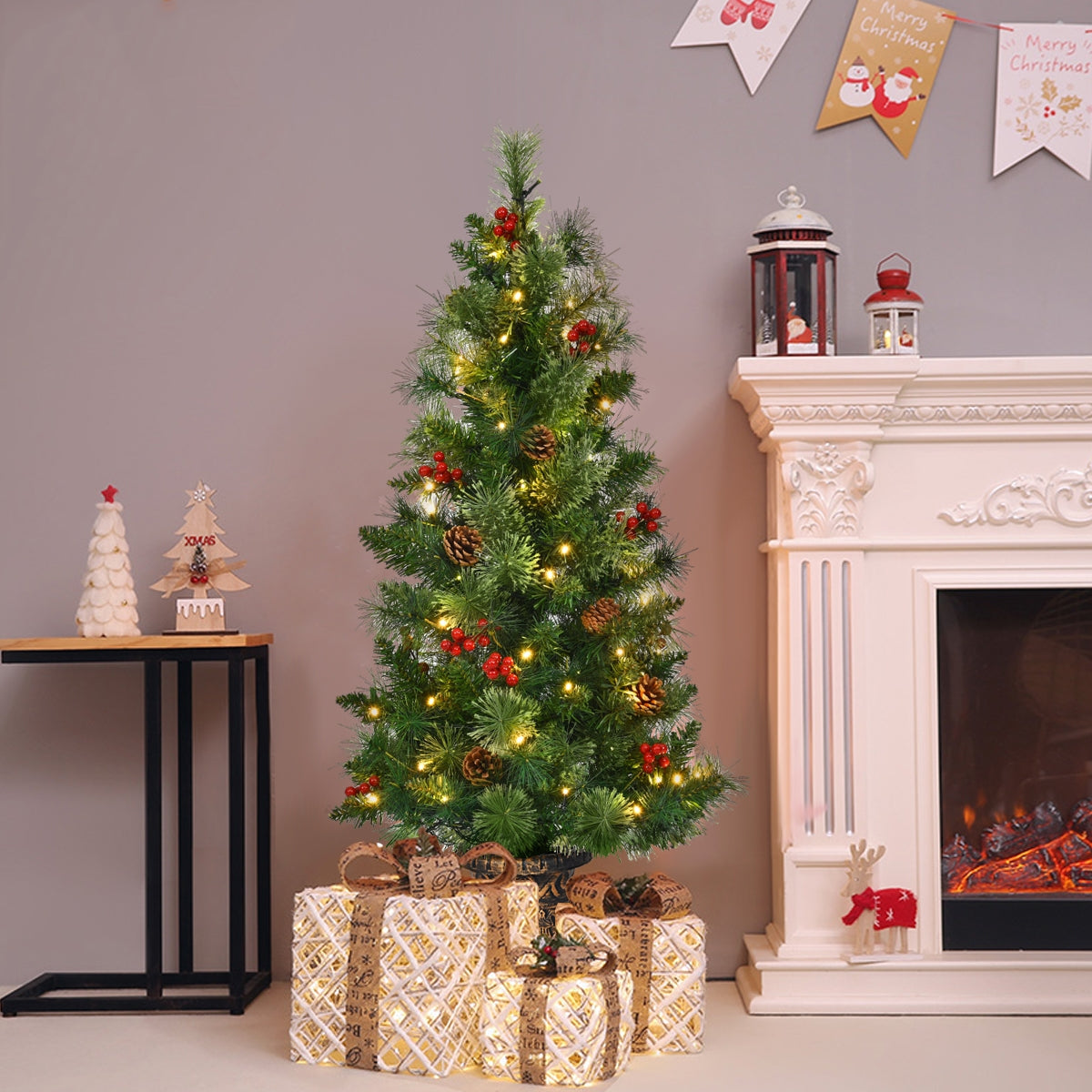 LED Christmas Tree with red berries and pine cones by DirectDeals, green tree with warm LEDs on Tampa Home & Garden Store