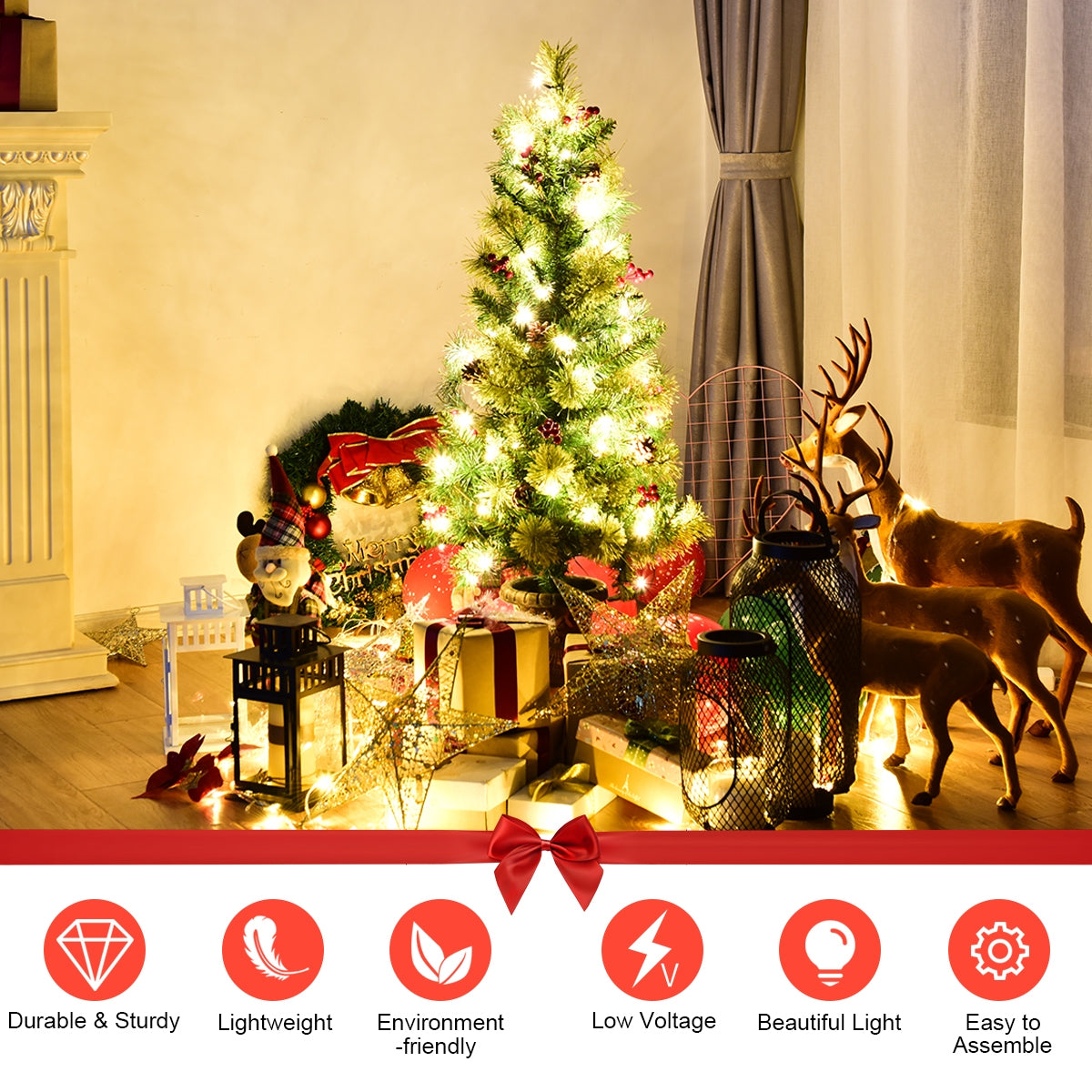 LED Christmas Tree with Red Berries Pine Cones DirectDeals, warm white lights on Tampa Home & Garden Store