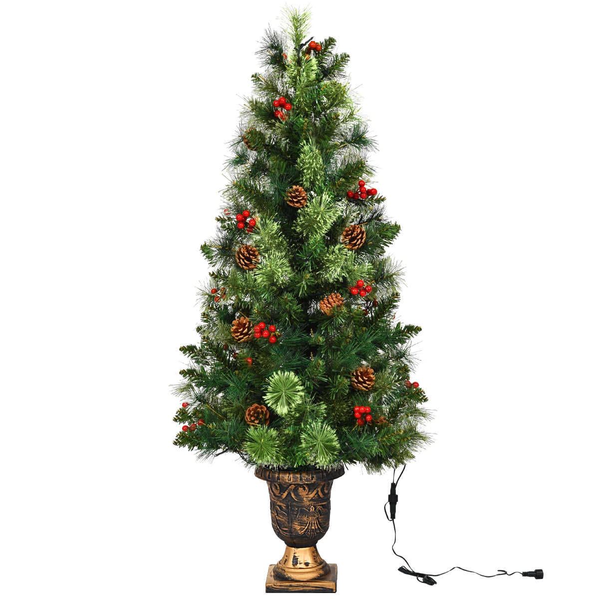 LED Christmas Tree artificial with red berries and pine cones in decorative urn planter on Tampa Home & Garden Store