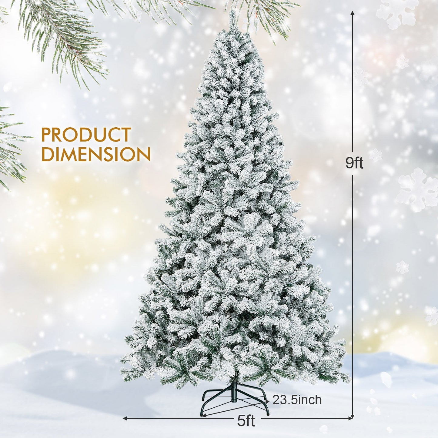 Árbol de Navidad artificial de 9 pies con bisagras y nieve artificial de primera calidad
