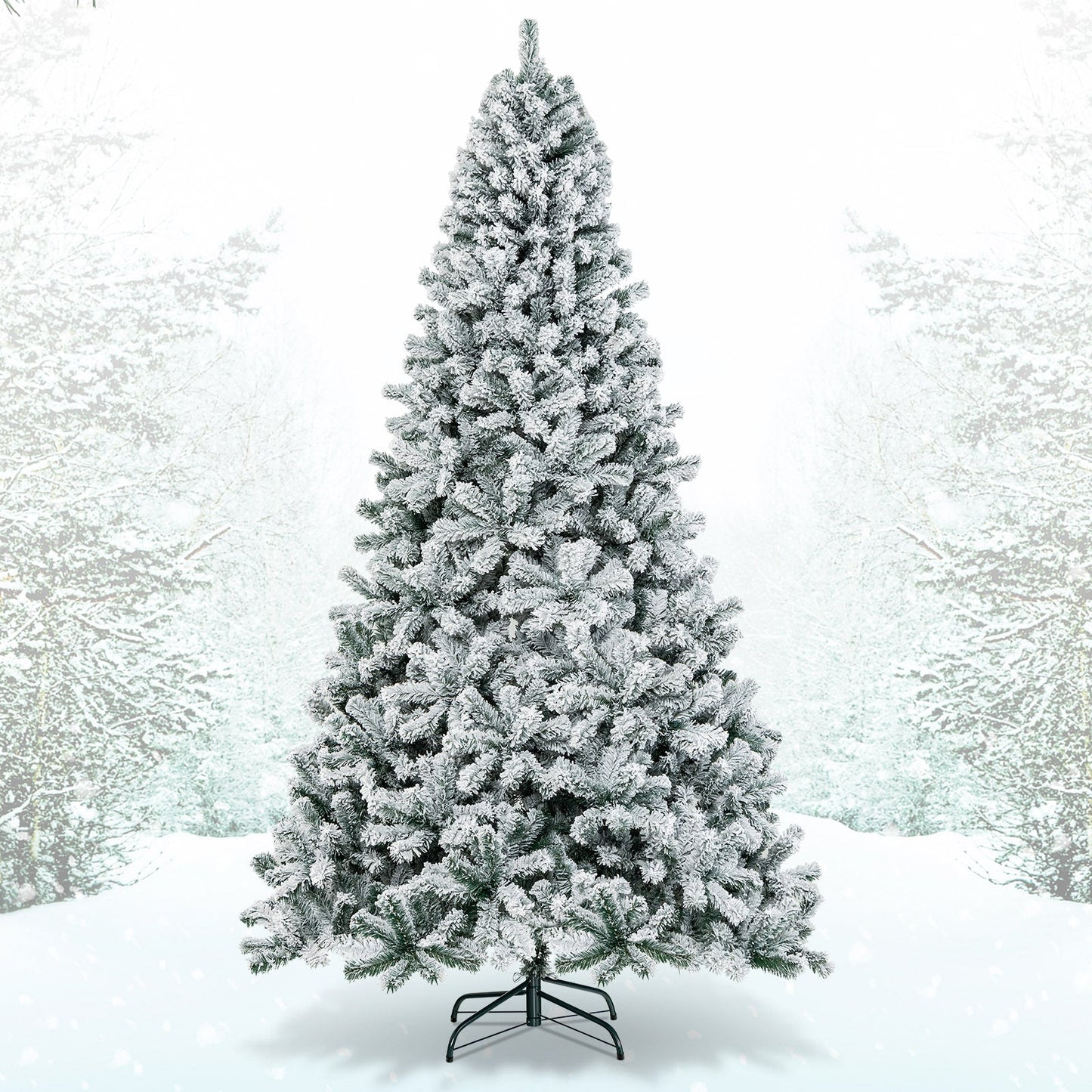 Árbol de Navidad artificial de 9 pies con bisagras y nieve artificial de primera calidad