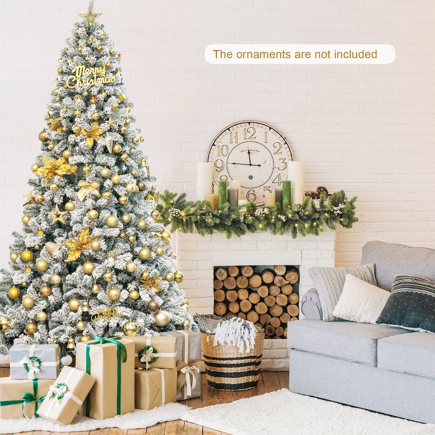 Árbol de Navidad artificial de 9 pies con bisagras y nieve artificial de primera calidad