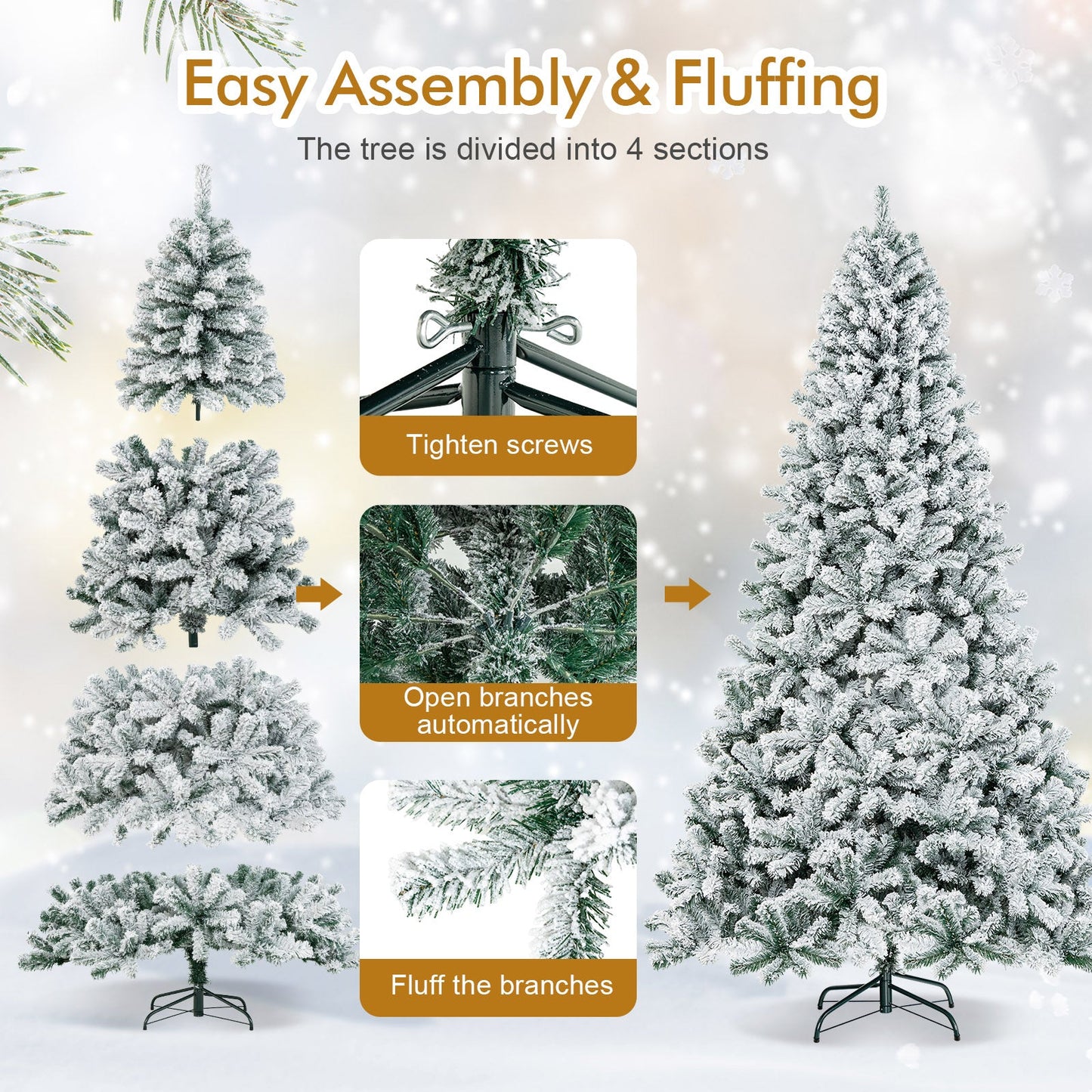 Árbol de Navidad artificial de 9 pies con bisagras y nieve artificial de primera calidad