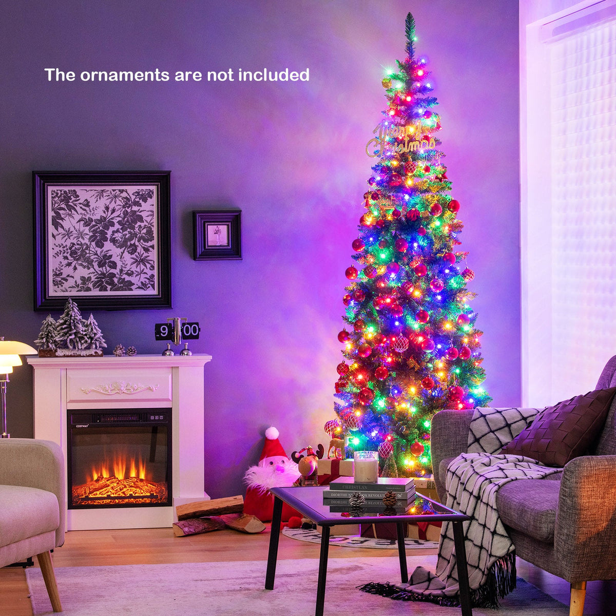 Artificial Kingswood Fir Pencil Christmas Tree, tall green tree with lights in living room on Tampa Home & Garden Store