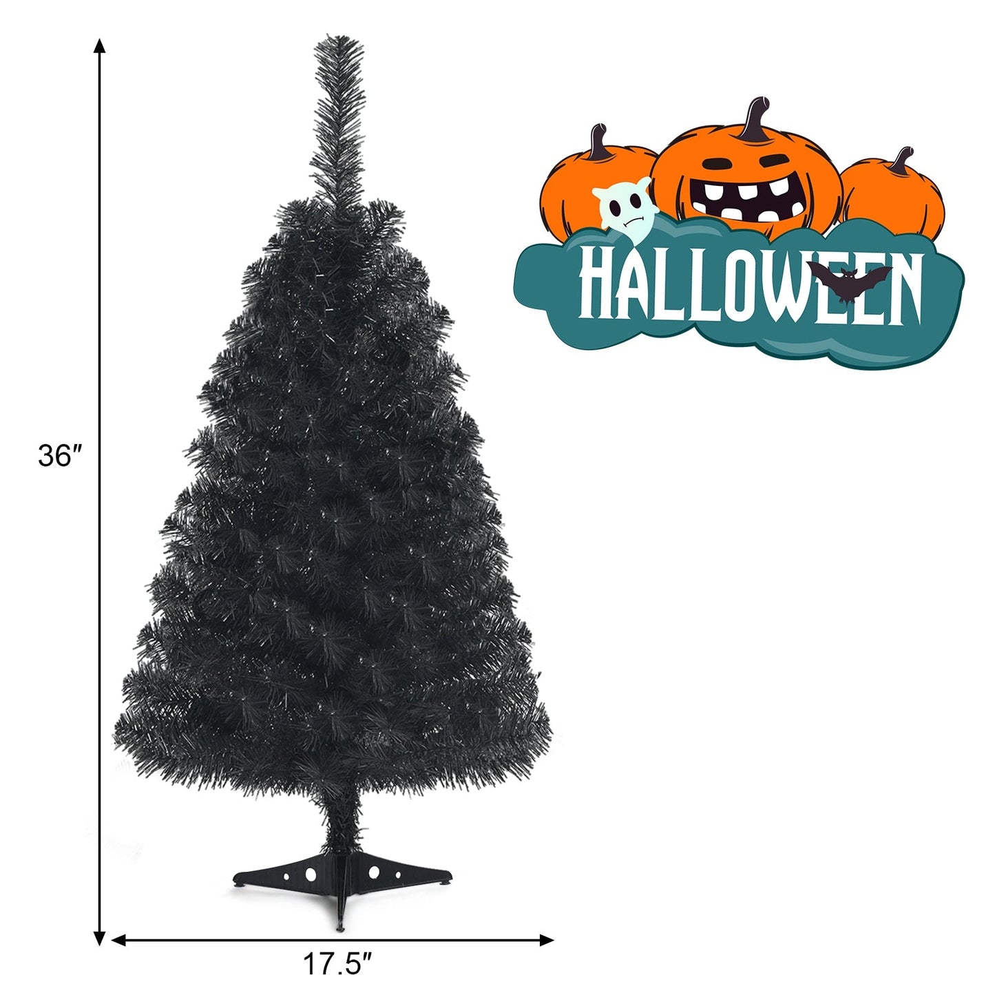 Árbol de Navidad/Halloween artificial sin luces de 3 pies con soporte de plástico - Negro