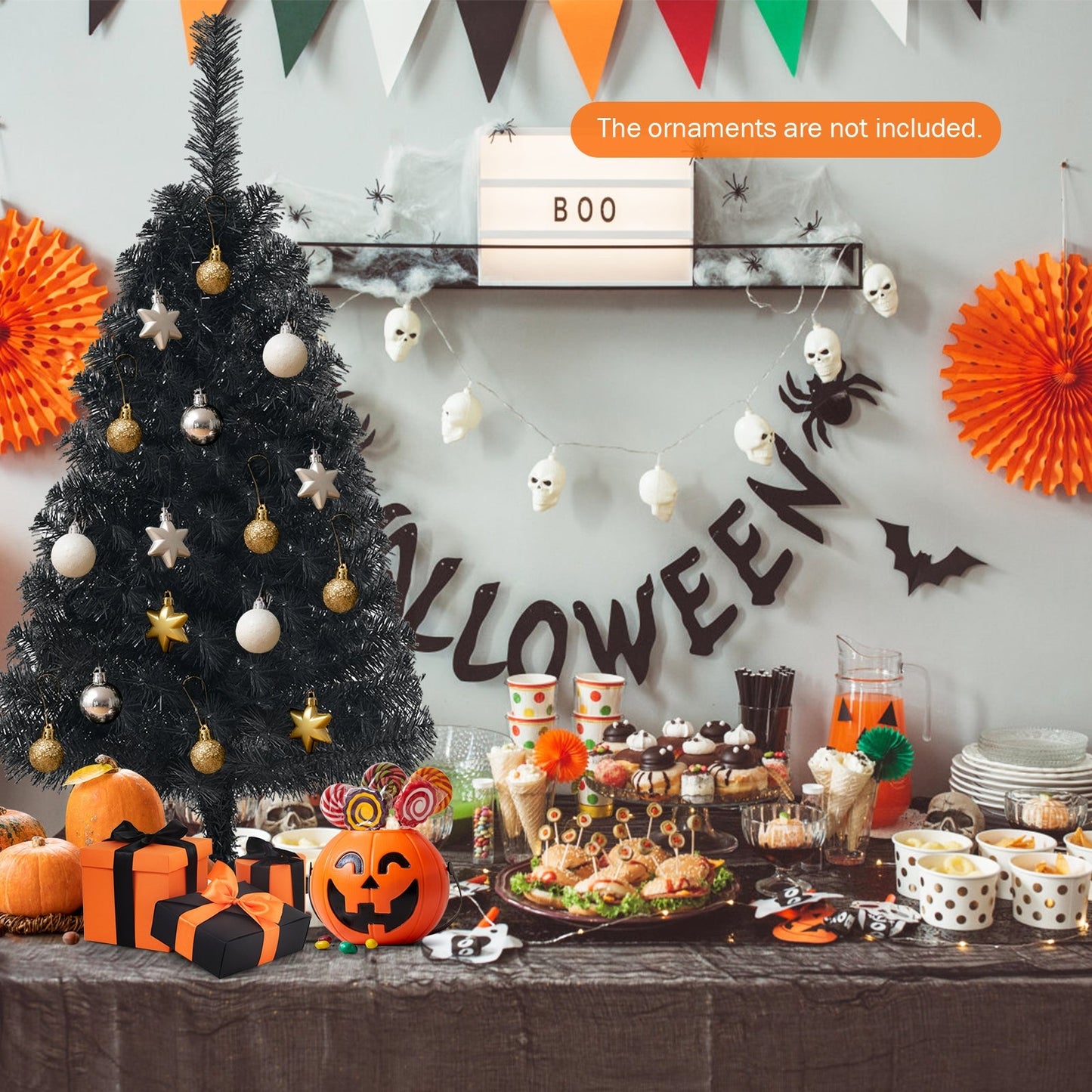 Árbol de Navidad/Halloween artificial sin luces de 3 pies con soporte de plástico - Negro