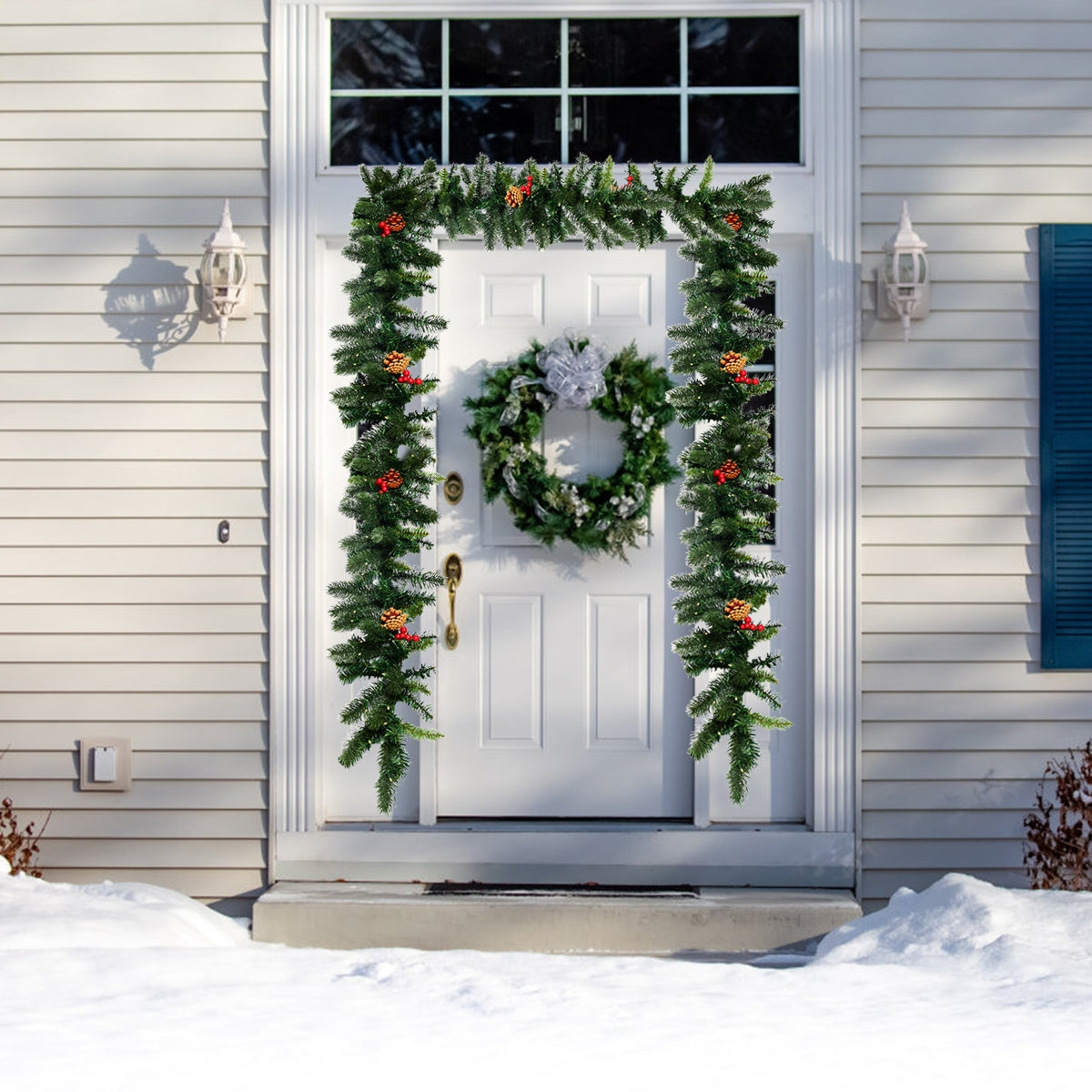 9 ft pre-lit Christmas garland with red berries and LED, DirectDeals for front door on Tampa Home & Garden Store