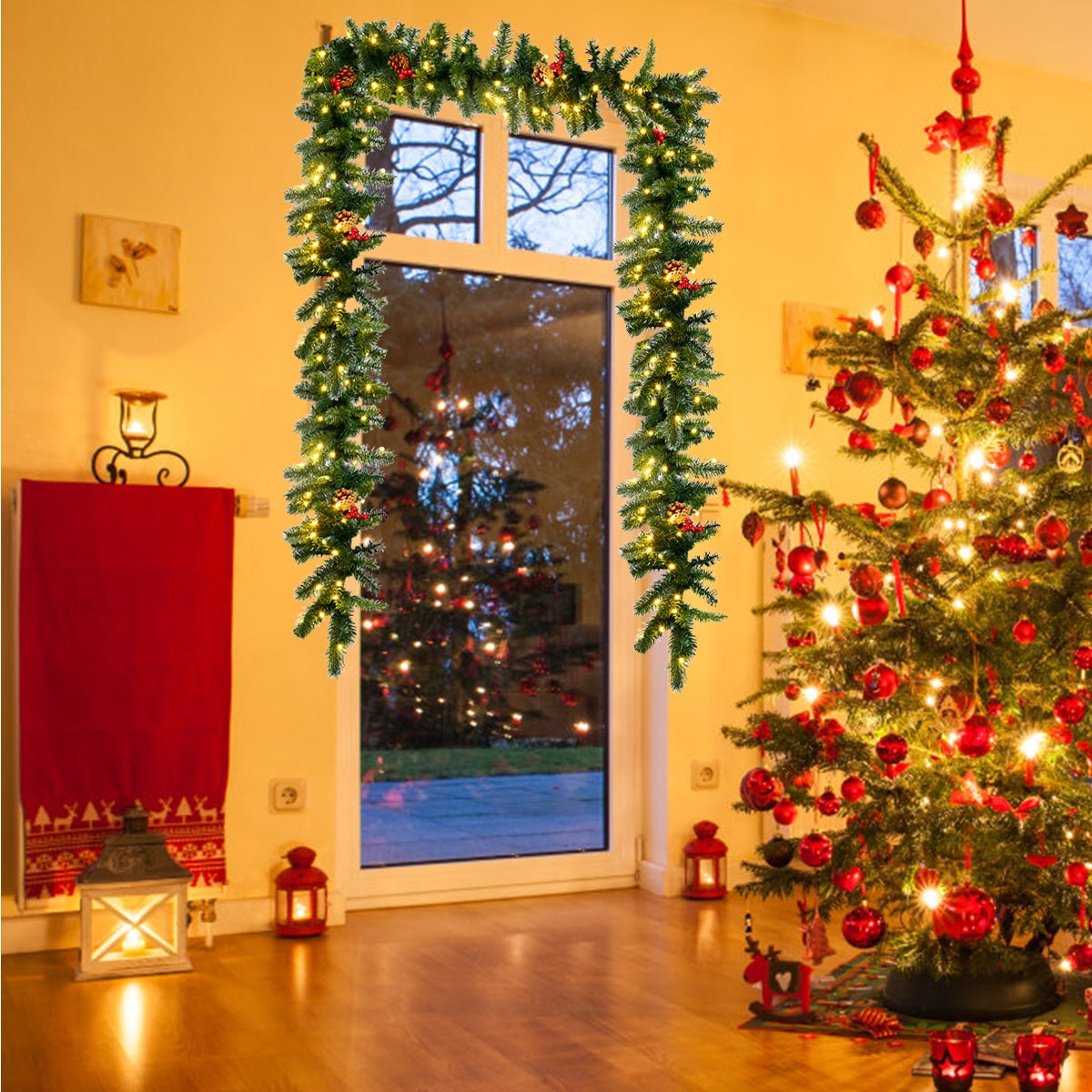 9 ft pre-lit Christmas garland with LED lights and red berries by DirectDeals over doorway on Tampa Home & Garden Store