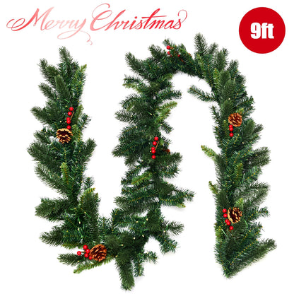 9 ft pre-lit Christmas garland with red berries, pinecones, LED lights, 3 sections on Tampa Home & Garden Store