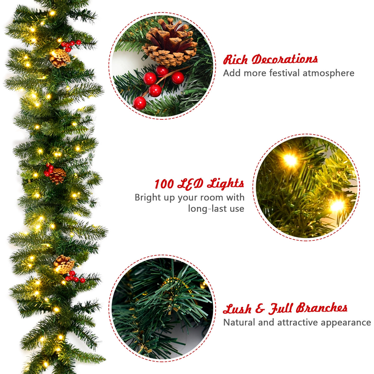 9 Feet Pre-lit Artificial Christmas Garland Red Berries with LED DirectDeals, lush branches on Tampa Home & Garden Store
