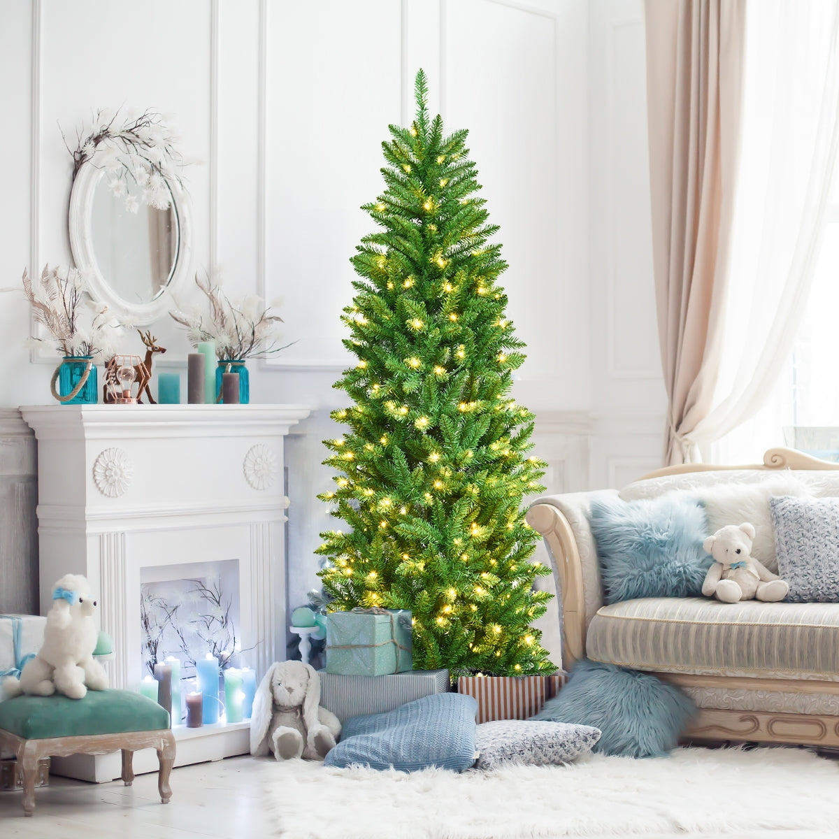 6 ft PVC hinged pre-lit artificial fir pencil Christmas tree with 150 lights DirectDeals in room on Tampa Home & Garden Store