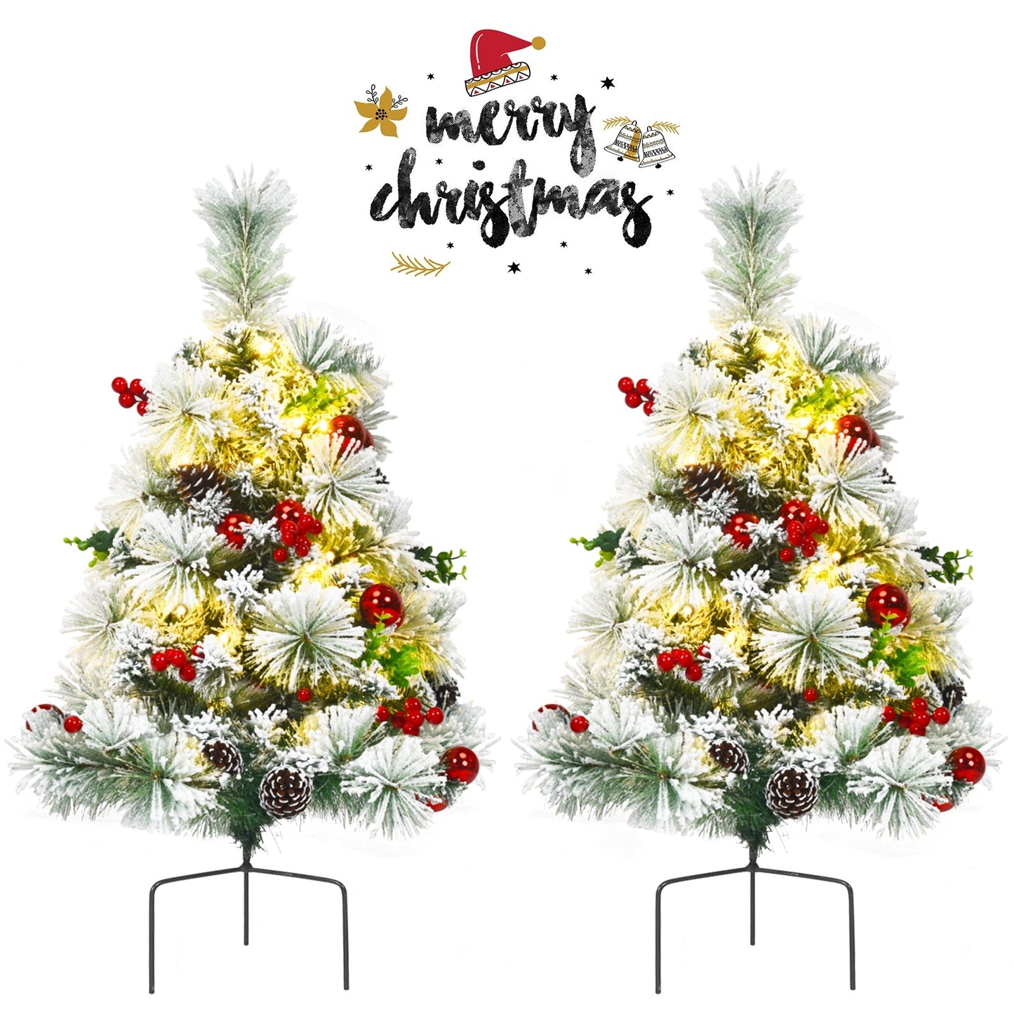 Juego de 2 árboles de Navidad de 2 pies con flocado, preiluminados, a pilas, para caminos